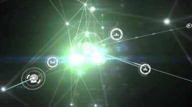 Animation of network of connections with icons over light trails on black background. Global connections, light and digital interface concept digitally generated video.