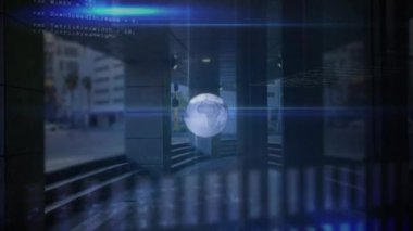 Animation of globe and data processing over cityscape. Global technology, computing and digital interface concept digitally generated video.
