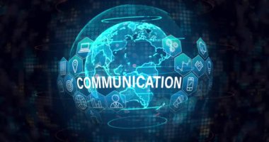 Animation of communication text with icons over globe on black background. Global business and digital interface concept digitally generated video.