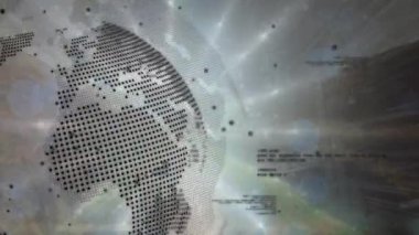 Gri arkaplandaki ışık noktaları üzerinde veri işleme ve dönen dünyanın animasyonu. Bilgisayar arayüzü ve iş teknolojisi kavramı