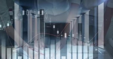 Ofiste çalışan meslektaşların orta bölümündeki istatistiksel veri işleme animasyonu. Küresel ağ ve iş teknolojisi kavramı