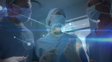 Animation of network of connections and light trails over diverse doctors. Global medicine, healthcare and digital interface concept digitally generated video.