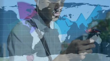 Animation of statistical data processing over mid section of caucasian man using smartphone. Computer interface and business technology concept
