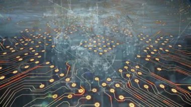 Animation of computer circuit board with globe and data processing over cityscape. Global technology, computing and digital interface concept digitally generated video.