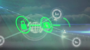 Animation of connections over tech icons and clouds. Global network, connections, communication and technology concept digitally generated video.