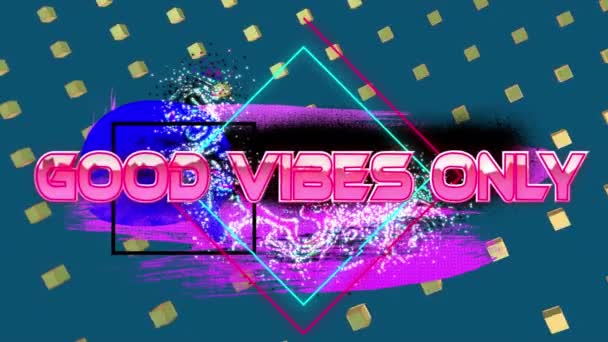 Animation Digital Good Vibes Only Text Square Shapes Banner Rotating — стоковое видео