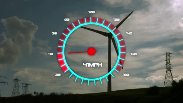 Animation Speedometer Spinning Windmill Blue Sky Computer Interface Renewable Energy — Vídeo de Stock