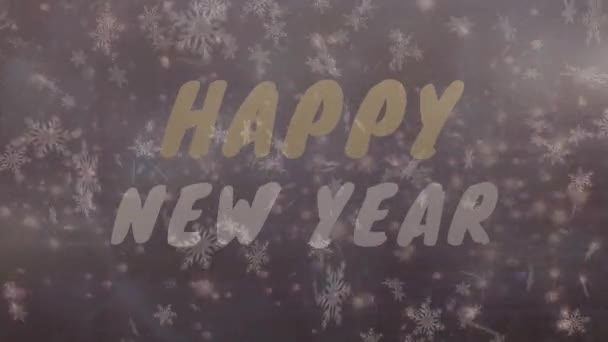 Animation Snowflakes Falling Happy New Year Text Spots Light Purple — Stok video