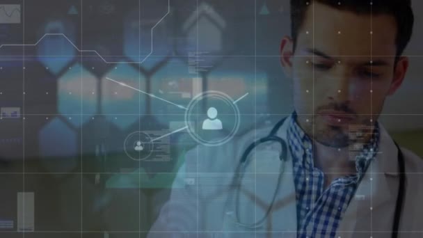 Animation Network Profile Icons Data Processing Caucasian Male Doctor Reading — Stock videók