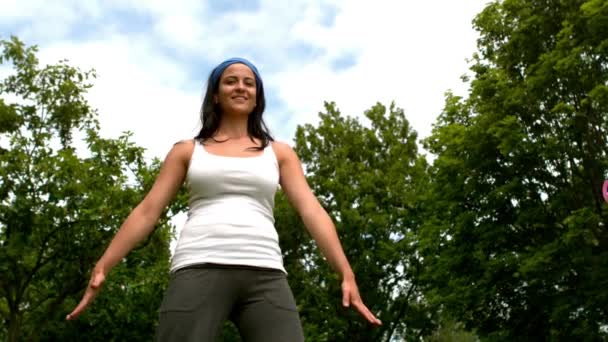 Animation Breast Cancer Awareness Month Text Biracial Woman Practicing Yoga — Stock videók