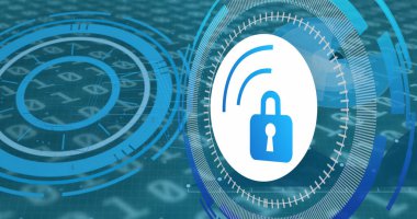 Mavi arkaplan üzerinde asma kilit simgesi olan veri işleme resmi. Küresel teknoloji ve dijital arayüz konsepti dijital olarak oluşturuldu