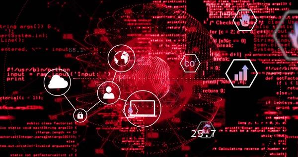 Image of data processing and globe over media icons. Global business and digital interface concept digitally generated image.