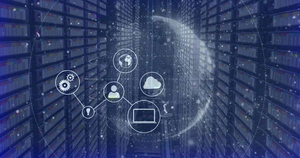 Image of data processing and globe with icons over server room. Global business and digital interface concept digitally generated image