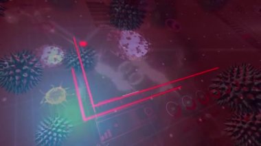 Animation of virus cells over data processing with graph on red background. Global covid 19 pandemic and digital interface concept digitally generated video.