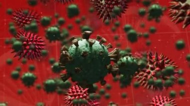 Animation of virus cells over dna strand on red background. Global covid 19 pandemic and digital interface concept digitally generated video.
