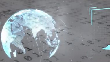 İkili kodlama veri işlemesine karşı dünya çapında profil simgelerinin ve ışık yollarının animasyonu. Küresel ağ ve iş teknolojisi kavramı