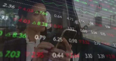Animation of financial data processing over caucasian businesswoman using smartphone. Global business, data processing and digital interface concept digitally generated video.