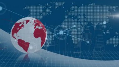 Animation of world map and globe over digital city on blue background. Global business and digital interface concept digitally generated video.