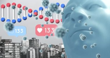Animation of virus cells and dna over human face model, social media reactions and cityscape. Science, human biology and health concept digitally generated video.
