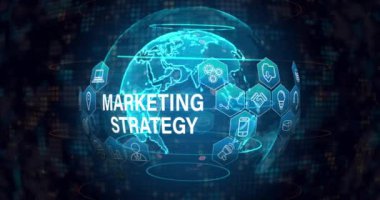 Animation of marketing strategy text with icons over globe on black background. Global business and digital interface concept digitally generated video.