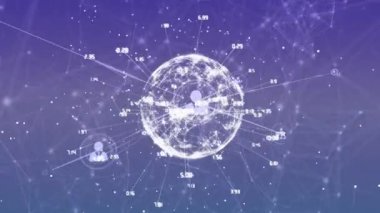 Animation of network of connections with icons and globe over blue background. Global business and digital interface concept digitally generated video.