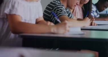 Animation of statistical data processing over diverse group of students studying in class at school. Global business and education technology concept