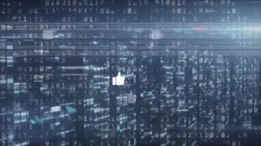 Animation of like icons and interference over data processing and moving columns on black background. Global technology, computing and digital interface concept digitally generated video.