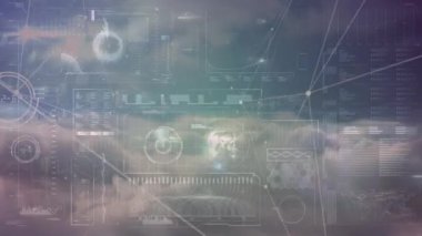Animation of digital screen with data, connections and clouds. Network, connections, data processing and digital interface concept digitally generated video.
