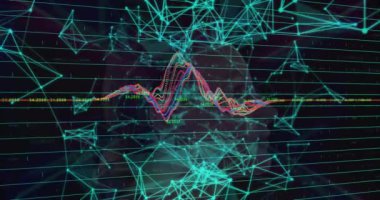 Animation of plexus networks and data processing over caucasian woman face against tunnel. Global networking and business technology concept