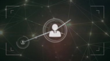 Animation of network of connections with icons and light trails over black background. Global connections, computing and digital interface concept digitally generated video.