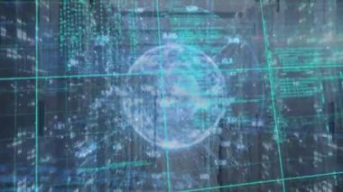 Sunucu odasındaki fütürist çember üzerinde programlama kodlarıyla hareket eden ızgara desenlerinin animasyonu. Dijital bileşik, yapay zeka, telekomünikasyon, bulut hesaplama, bilgisayar dili.