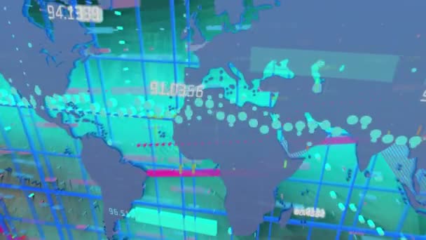 Animace Zpracování Finančních Údajů Celé Mapě Světa Modrém Pozadí Globální — Stock video