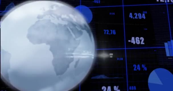 Animation Globe Graphs Numbers Black Background Global Finance Economy Concept — Vídeo de Stock