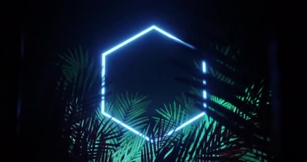 Animation Leaves Blue Neon Hexagon Black Background Light Pattern Movement — Stock video