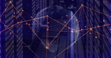 Sunucu odasının üzerindeki veri işleme ve küresinin resmi. küresel iş ve dijital arayüz kavramı dijital olarak oluşturulmuş görüntü