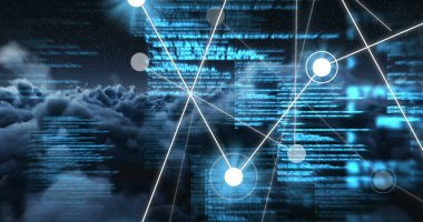 Bulutların üzerindeki bağlantılar ve veriler. Ağ, bağlantılar ve teknoloji konsepti dijital olarak oluşturuldu,