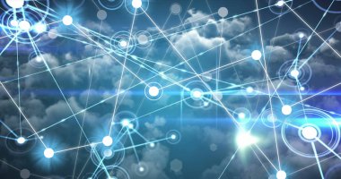 Bulutların üzerindeki bağlantı ağının resmi. Ağ, bağlantılar ve teknoloji konsepti dijital olarak oluşturuldu,