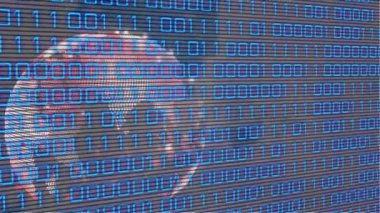 Animation of binary coding over globe on black background. Global business and digital interface concept digitally generated video.