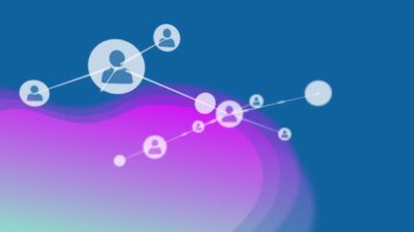 Animation of network of connections with icons over purple shapes on blue background. Global connections and digital interface concept digitally generated video.