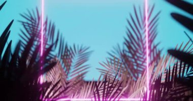 Animation of leaves over pink neon square on blue background. Light, pattern and movement concept digitally generated video.
