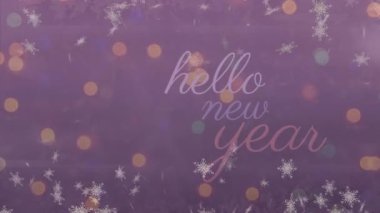Animation of snowflakes over hello new year text banner against spots of light on blue background. New year celebration concept
