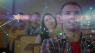 Çeşitli öğrenciler üzerindeki bağlantı ve ışık noktalarının animasyonu. Küresel bağlantılar ve dijital arayüz konsepti dijital olarak oluşturulmuş video.