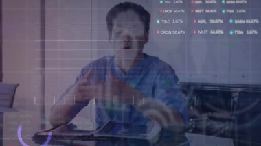 Animation of data processing with graph and icons over asian businessman. Global business, computing and digital interface concept digitally generated video.