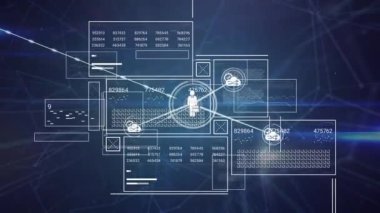 Animation of graphical interface with icons connecting with lines against digital displays with data. Digitally generated, computer network, coding, social media, futuristic and technology concept.