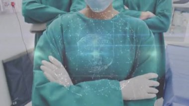 Çeşitli cerrahlar kameraya bakarken dünya ile olan bağlantıların animasyonu. Dijital olarak üretilen sağlık, tıp, bağlantılar ve teknoloji konsepti.