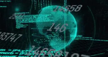 Animation of numbers, data and globe on black background. Network, computers, data and technology concept digitally generated video.