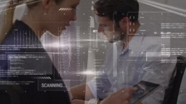 Animation of financial data processing over caucasian woman using tablet. Global business, finances and data processing concept digitally generated video.