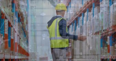 Animation of data processing over caucasian male supervisor holding his back in pain at warehouse. Logistics and business technology concept