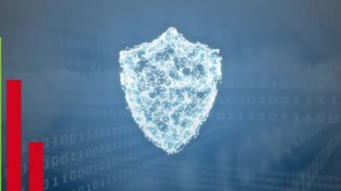 Güvenlik kalkanı simgesi ve ikili kodlama üzerinde istatistiksel veri işleme animasyonu. Siber güvenlik ve iş teknolojisi kavramı