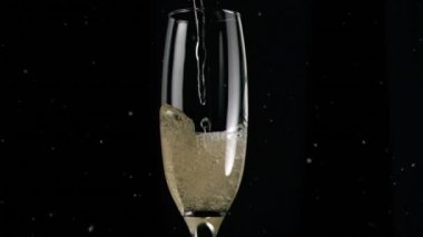 Animation of white spots over glass of champagne on black background. Party and celebration concept digitally generated video.
